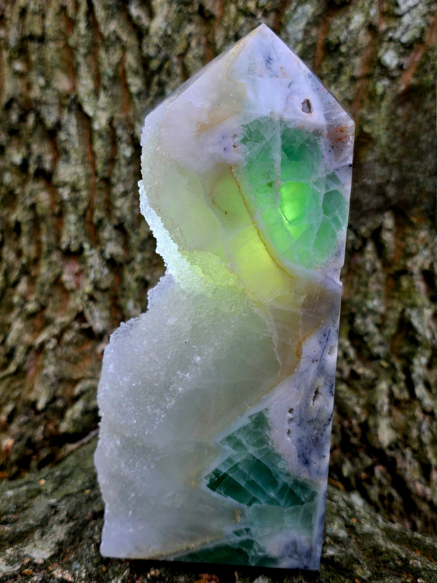Green Fluorite Tower with Druzy Pockets