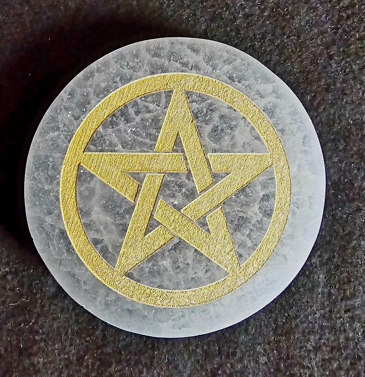 Selenite Pentagram Round Charging Plate 4"