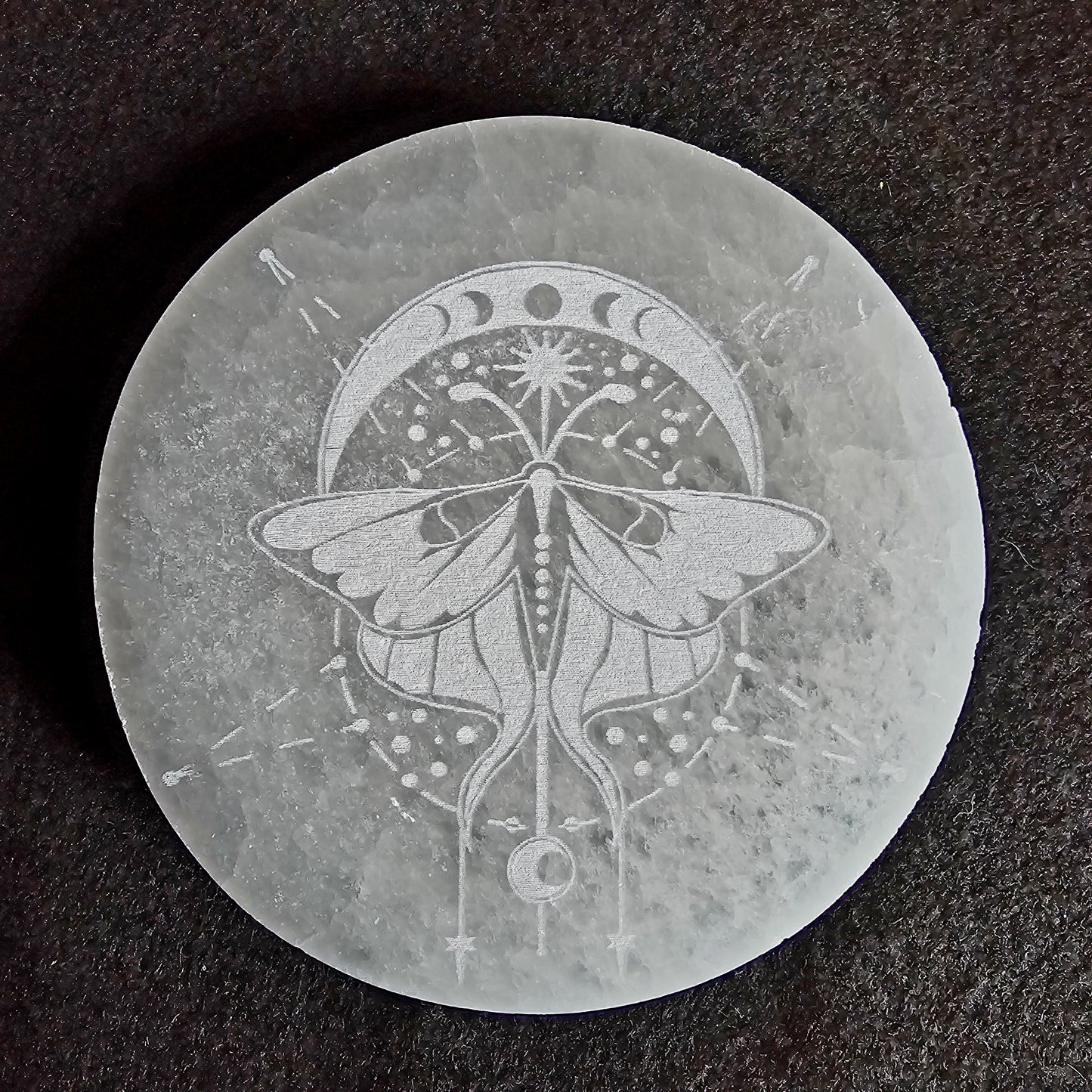 Selenite Moth with Moon Face Round Charging Plate 4"