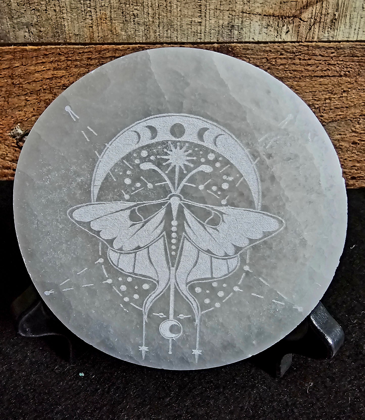 Selenite Moth with Moon Face Round Charging Plate 4"