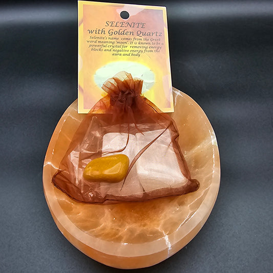 Selenite with Golden Quartz Bag