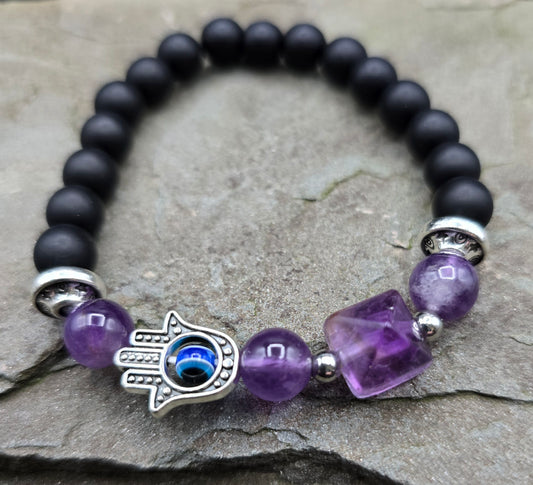 Evil Eye Hamsa Hand Bracelet - Amethyst