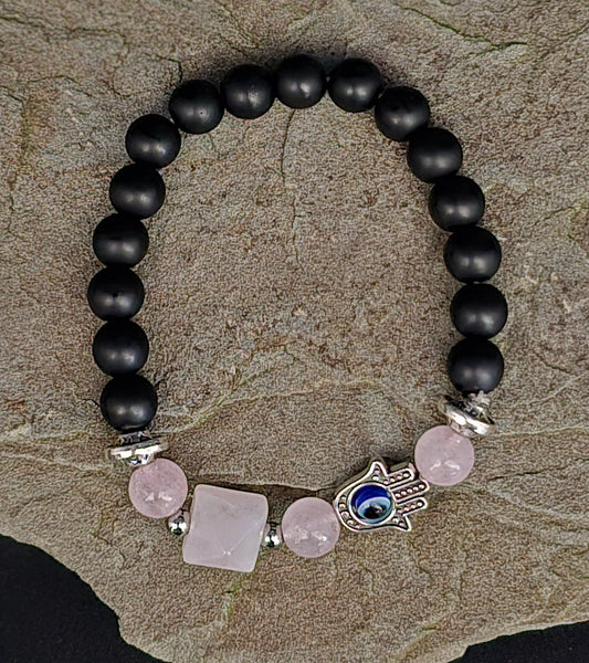 Evil Eye Hamsa Hand Bracelet - Rose Quartz