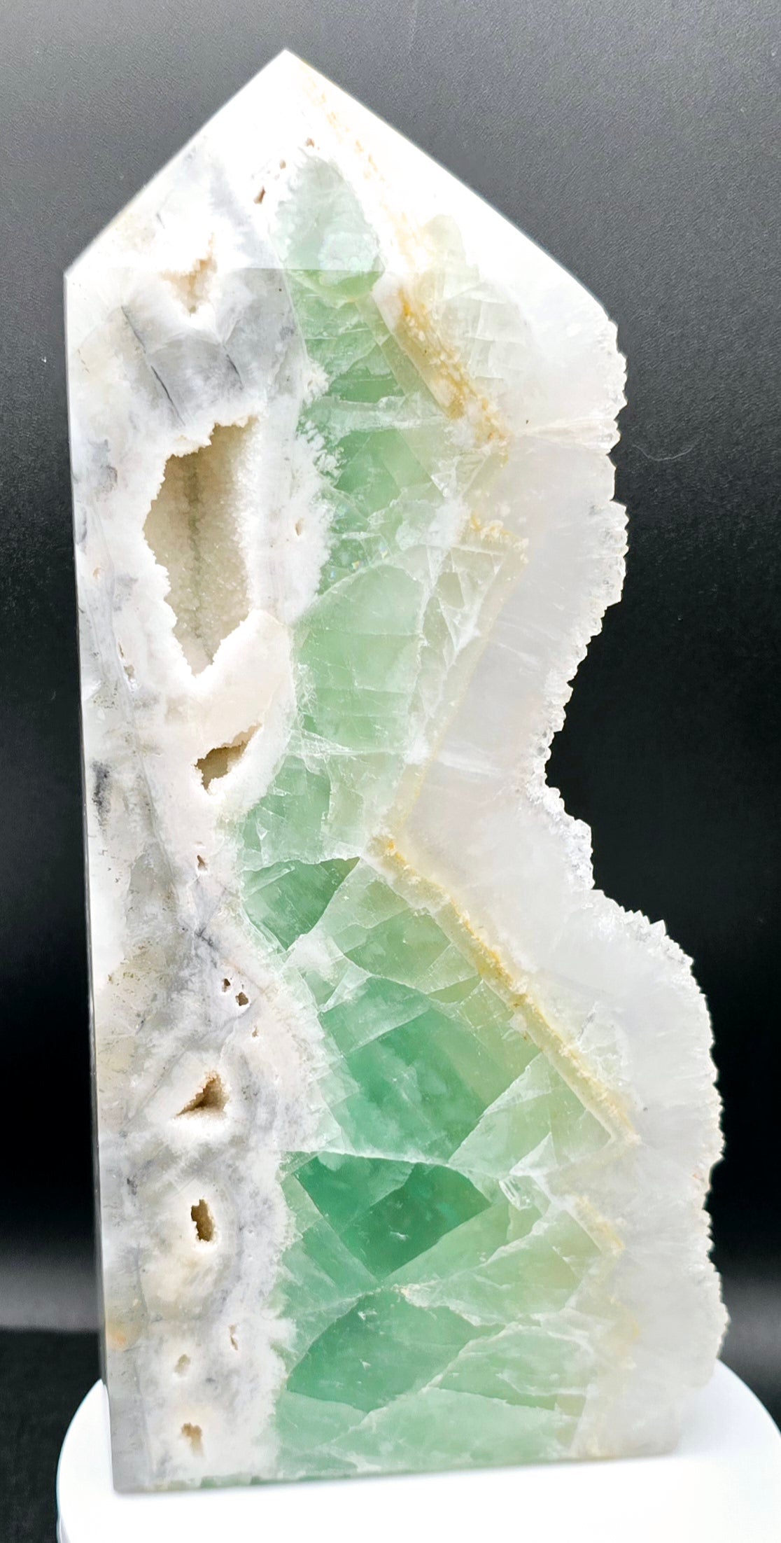 Green Fluorite Tower with Druzy Pockets