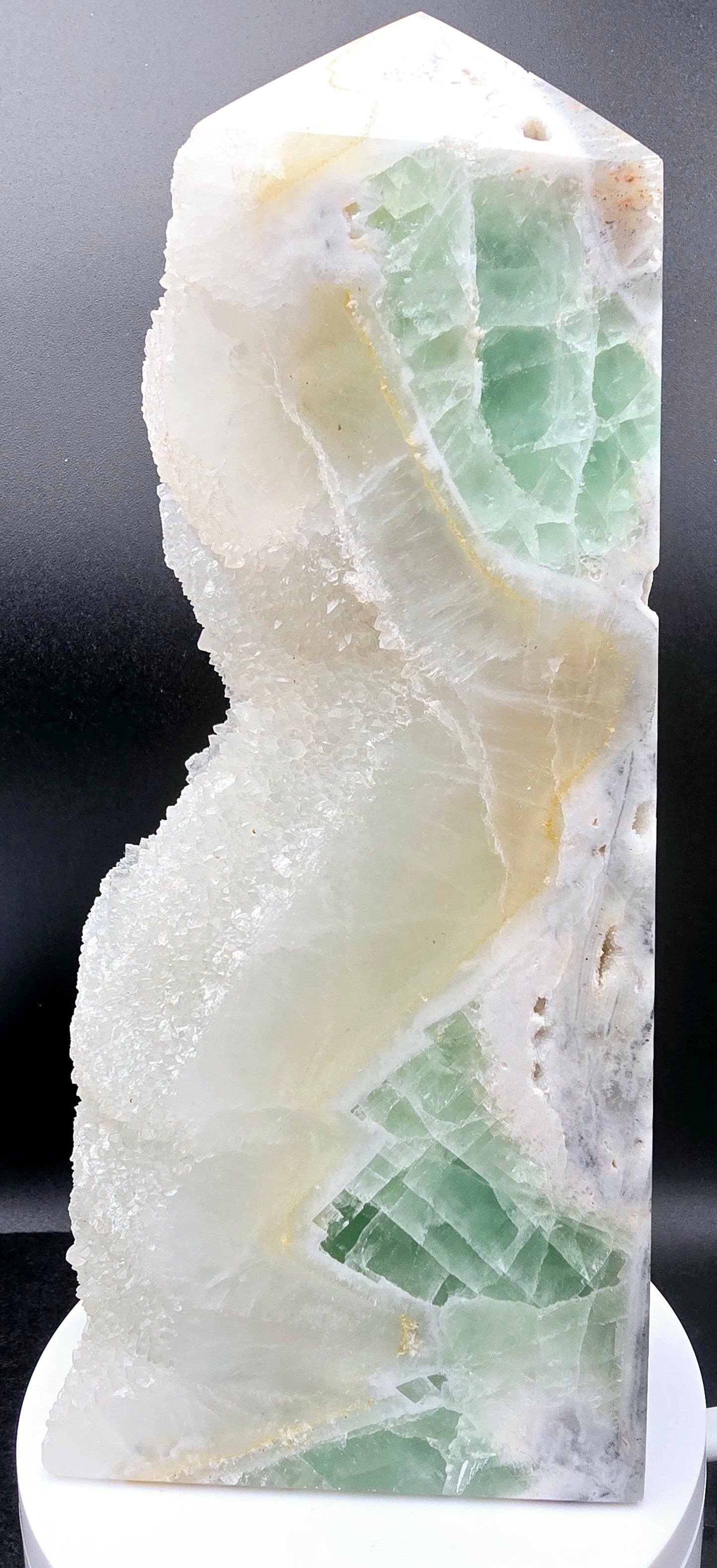 Green Fluorite Tower with Druzy Pockets