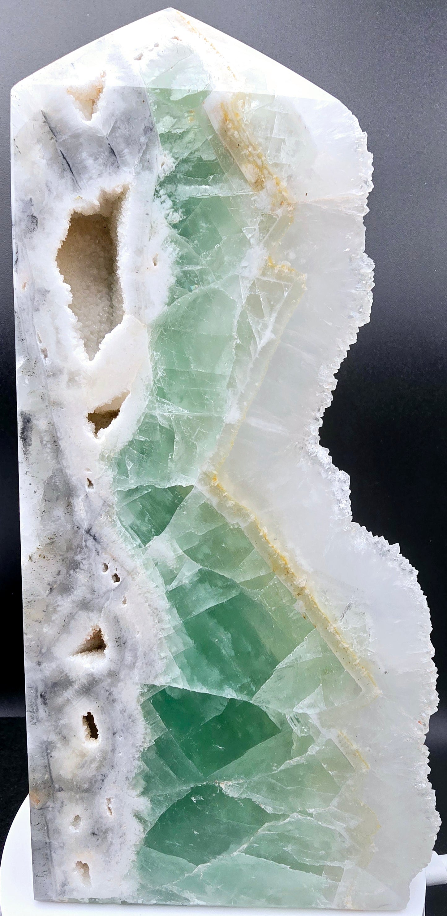 Green Fluorite Tower with Druzy Pockets