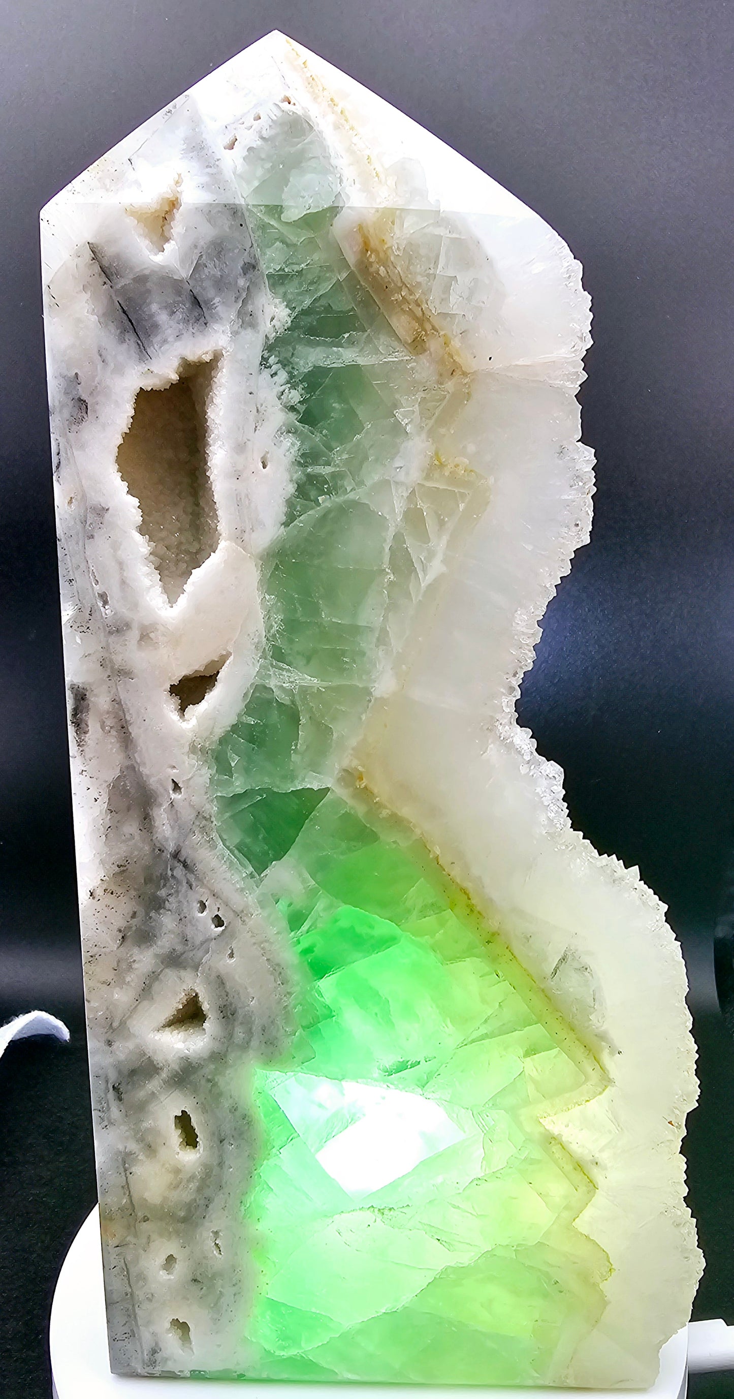 Green Fluorite Tower with Druzy Pockets