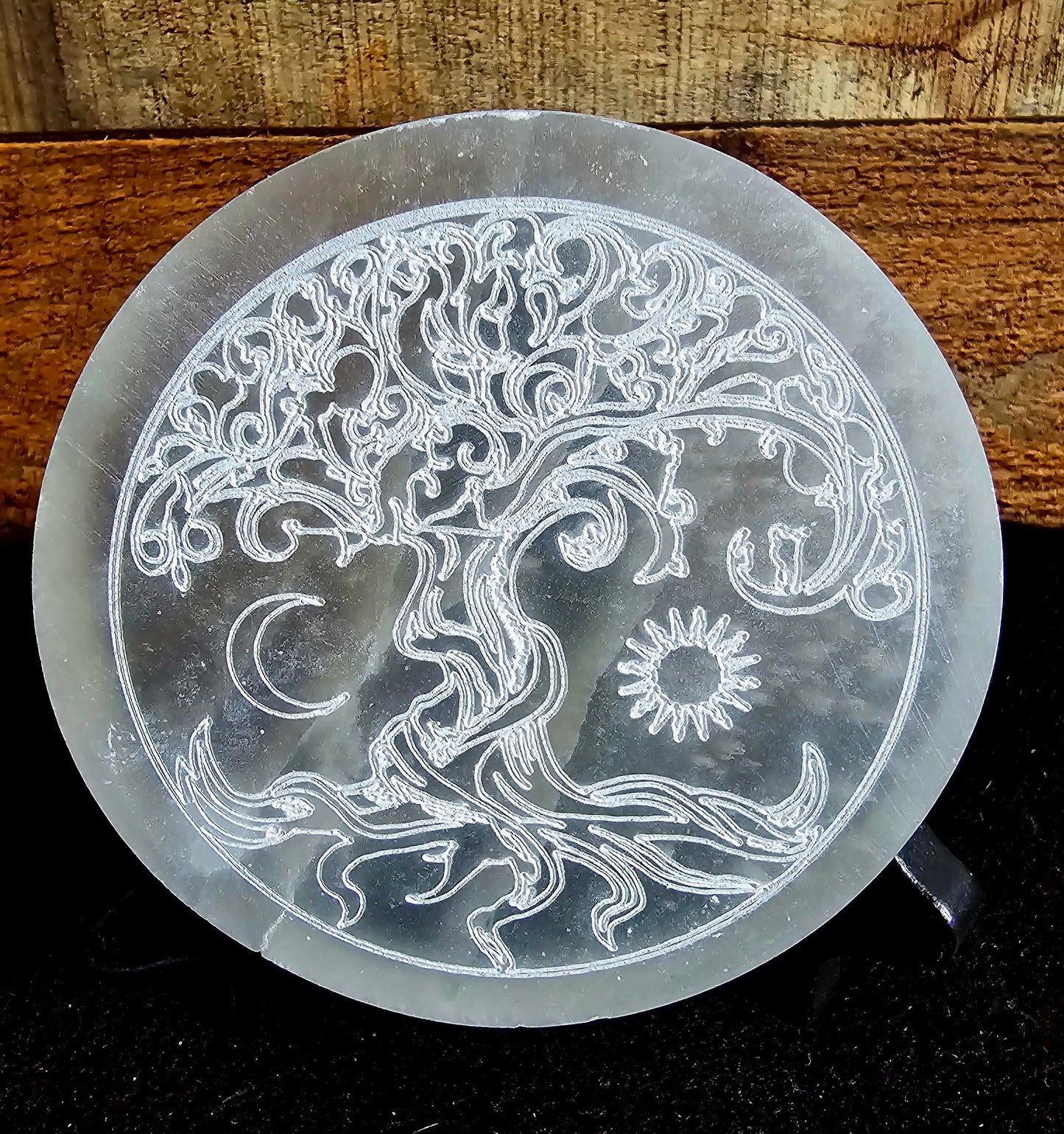 Selenite Tree of Life Sun & Moon Round Charging Plate 4"