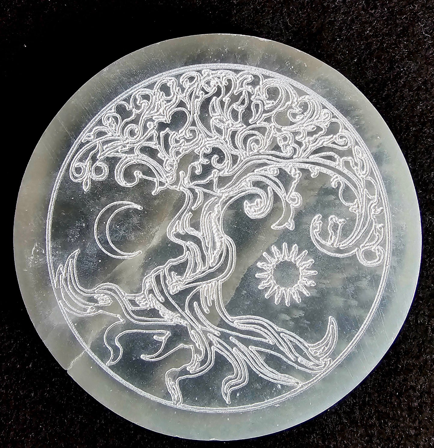 Selenite Tree of Life Sun & Moon Round Charging Plate 4"