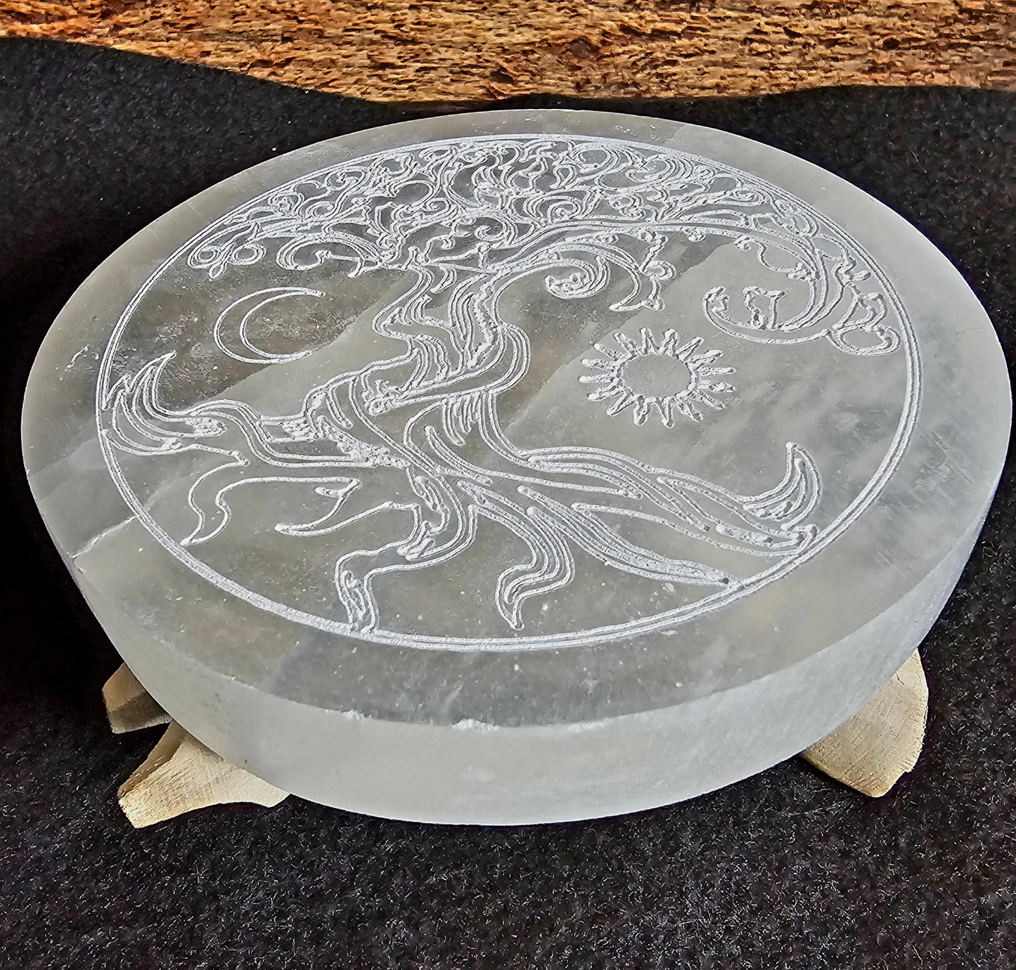 Selenite Tree of Life Sun & Moon Round Charging Plate 4"