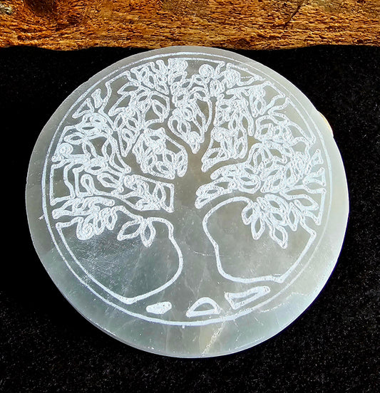 Selenite Tree of Life Round Charging Plate 4"