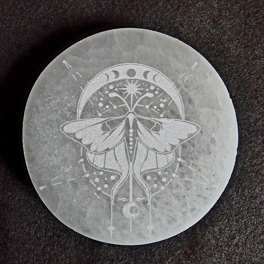 Selenite Moth with Moon Face Round Charging Plate 4"