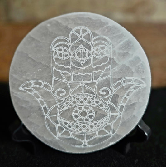 Selenite Hamsa Hand Round Charging Plate 4"